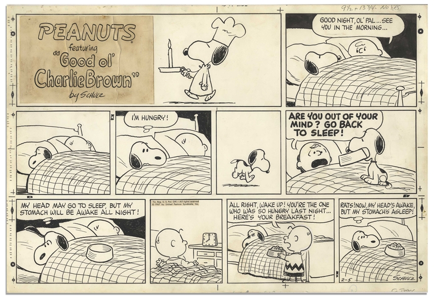 Adorable Peanuts Sunday Comic Strip From 1967, Original Hand-Drawn by Charles Schulz -- Snoopy Wants a Bedtime Snack